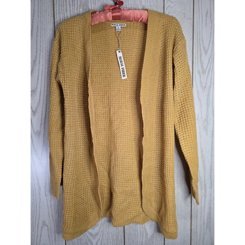 NWT Moral Fiber Waffle Knit Cardigan Small Mustard Yellow Open Front Whimsigoth